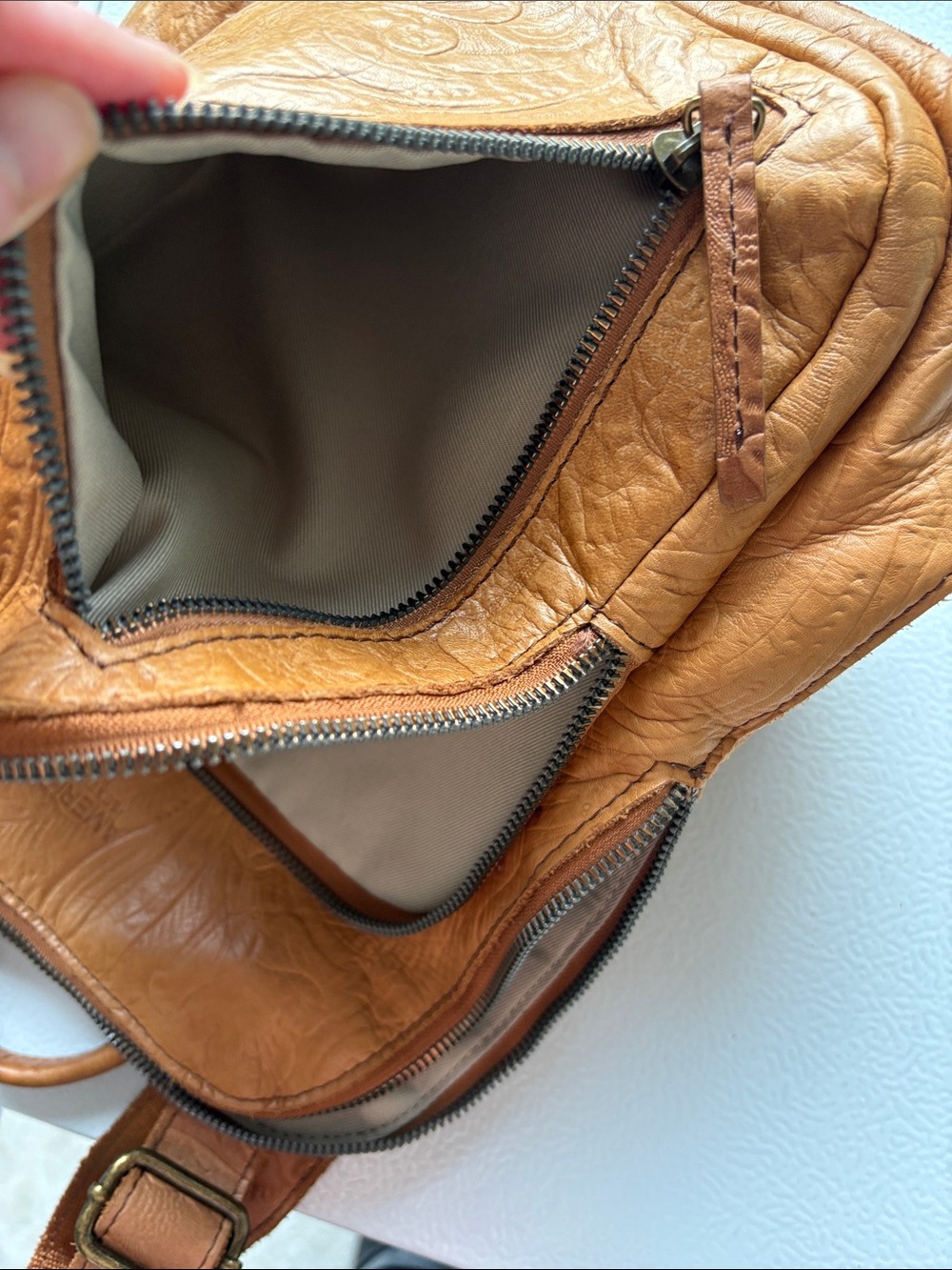 American Leather Tan Embossed Leather Backpack with Two Front Zip Pockets - Picture 11 of 15